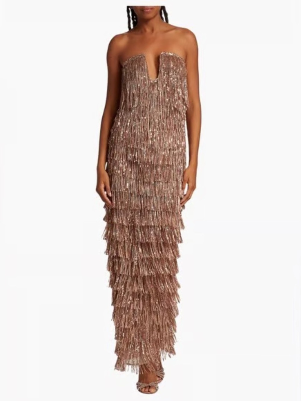 Bronx and Banco Isle Gold Metallic Fringe Gown Dress – Size 6 (Medium)